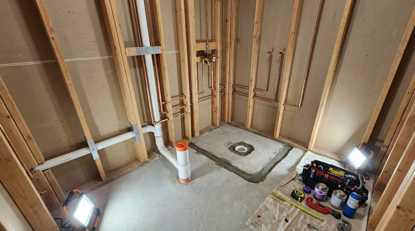 Bathroom rough-in plumbing during remodel by Johns Plumbing LLC in Olivia
