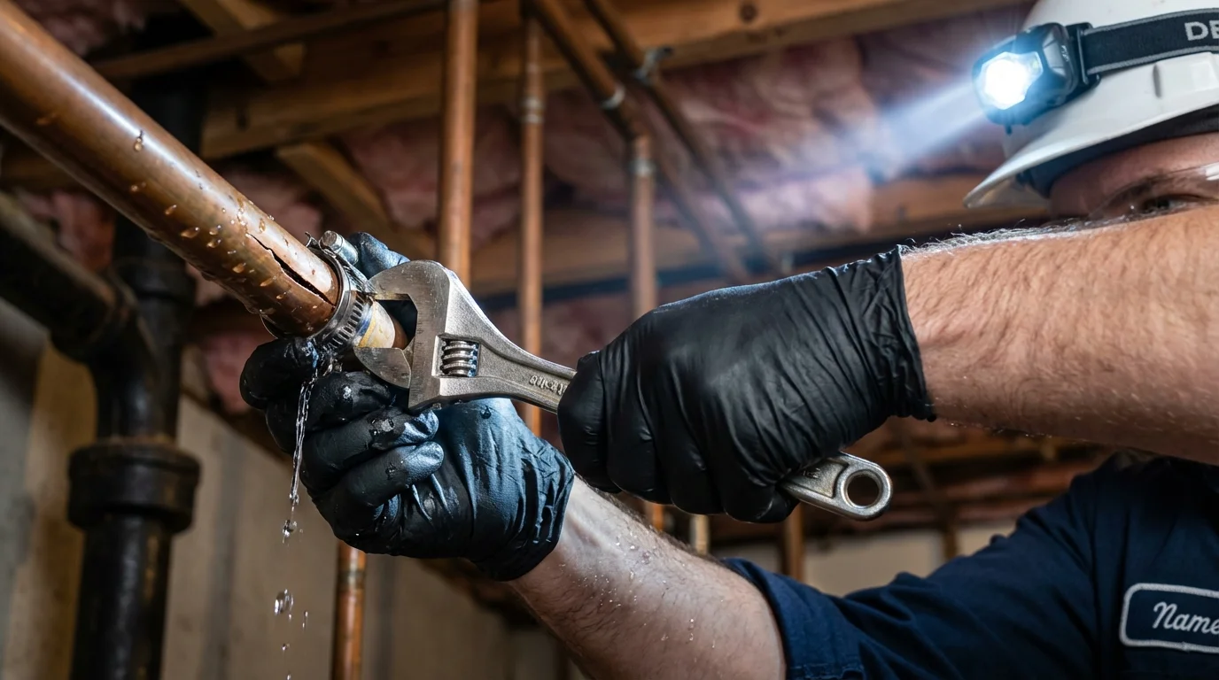 Emergency pipe clamp repair being performed by a Johns Plumbing LLC plumber in Olivia