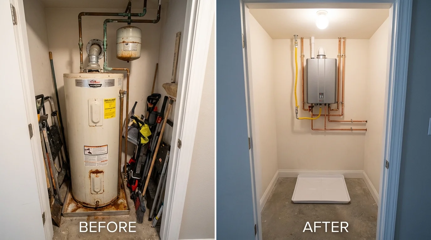 Tank water heater versus wall-mounted tankless unit comparison for Olivia, MN homeowners