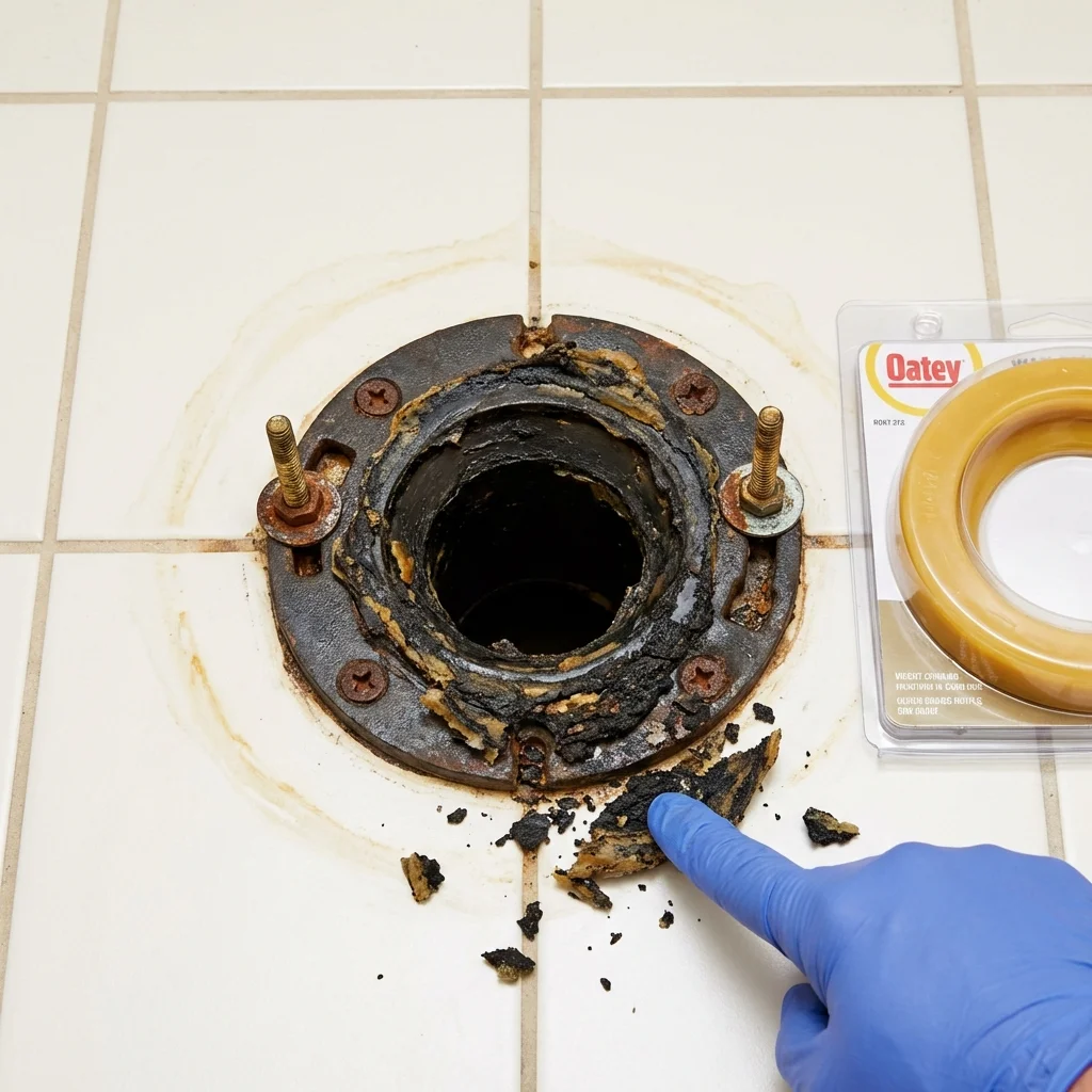 Failed wax ring showing water seepage at the base of a toilet in a Olivia, MN home